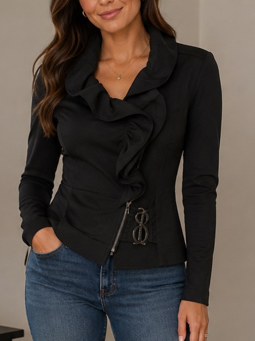 Samuel Dong Jacket Black Ruffled Collar Stretch Full Zip Size small